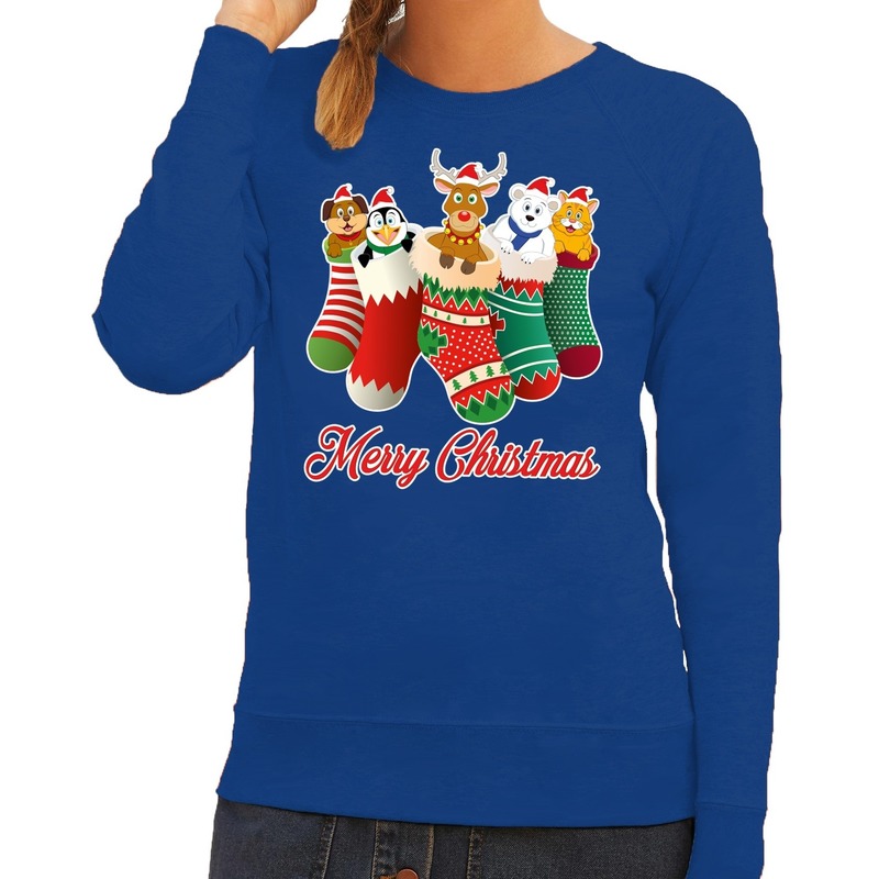 Foute kerstborrel trui blauw kerstsokken met diertjes voor dames XS (34) -