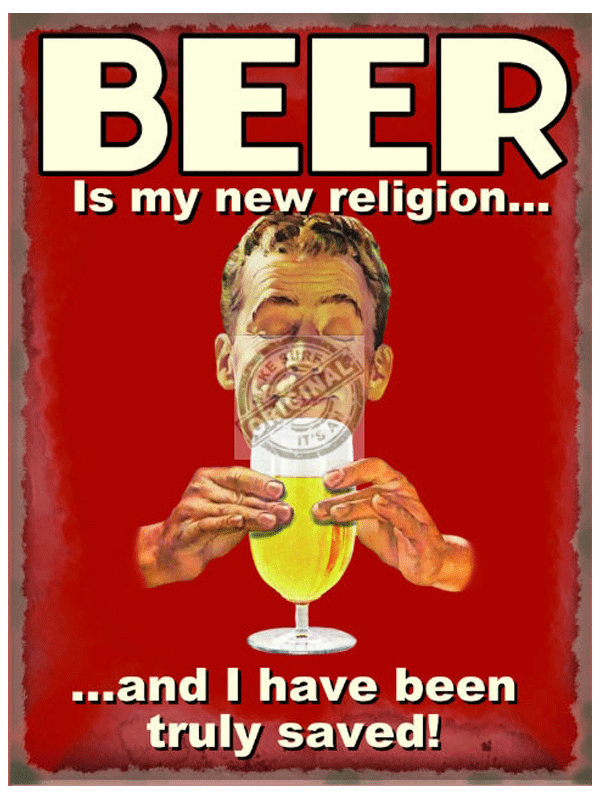 Metalen plaat bier is nieuwe religie