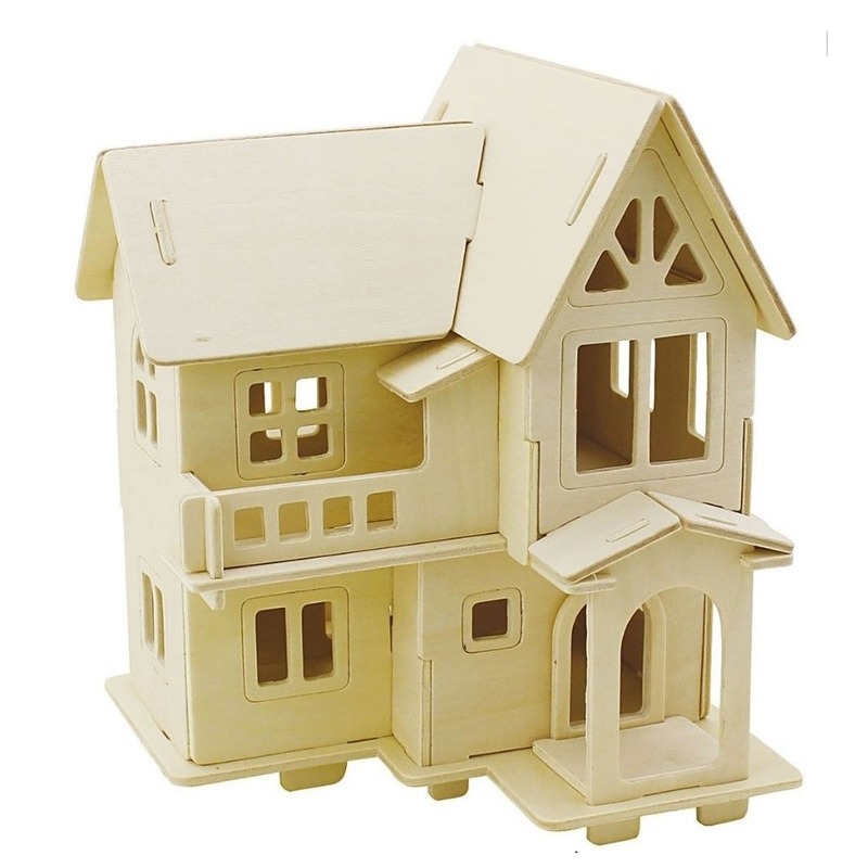 Houten 3D bouwpakket huis met balkon 15 x 17 x 19 cm -