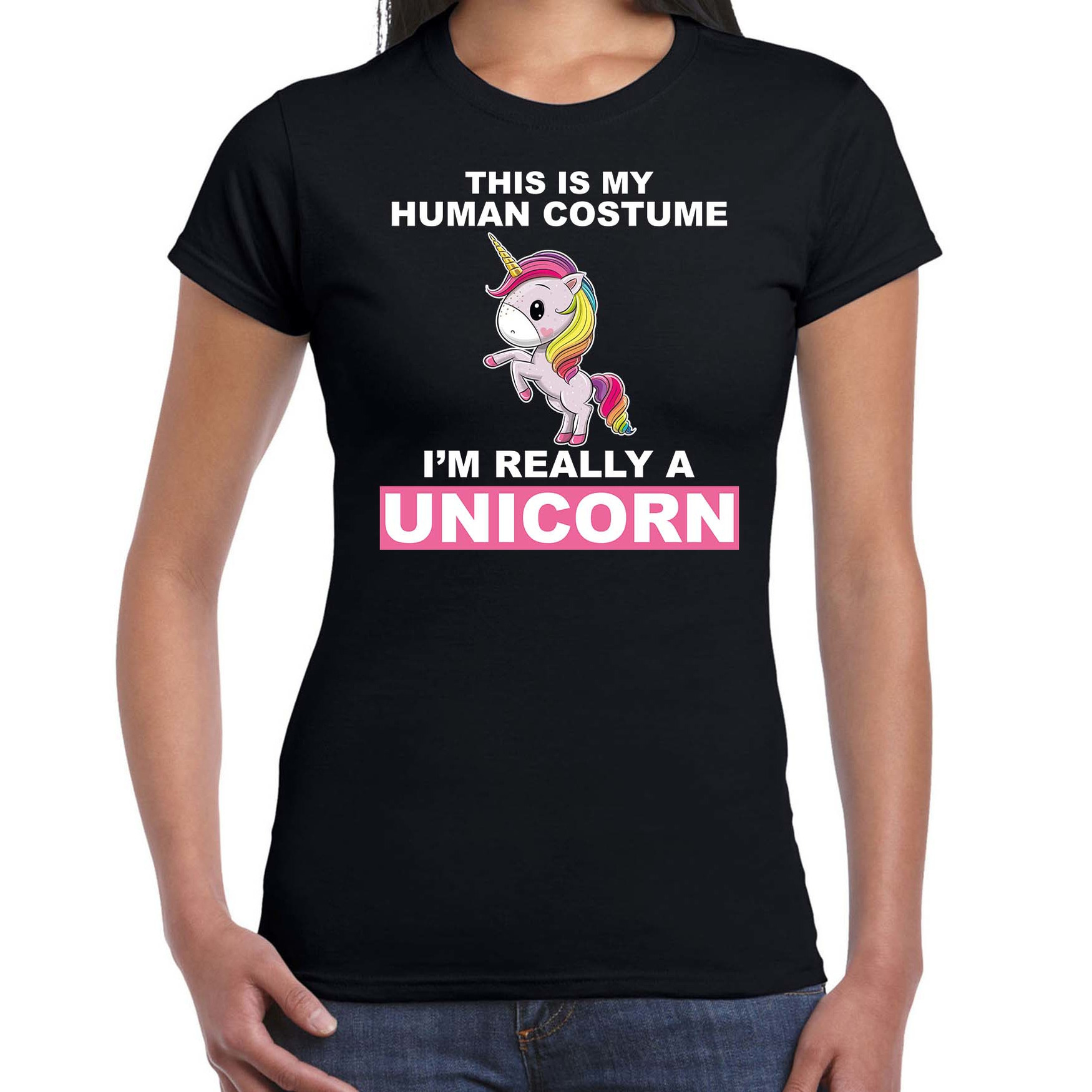 Human costume really unicorn eenhoorn verkleedshirt / outfit zwart voor dames