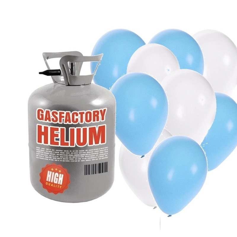 Jongen geboren helium tankje met blauw/witte ballonnen 30 stuks