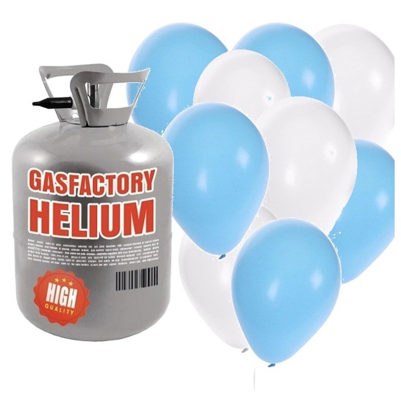 Jongen geboren helium tankje met blauw/witte ballonnen 50 stuks