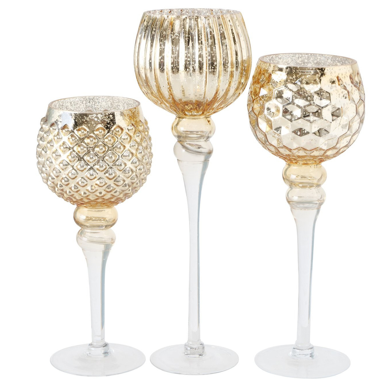 Luxe glazen design kaarsenhouders/windlichten set van 3x stuks goud transparant 30-40 cm -
