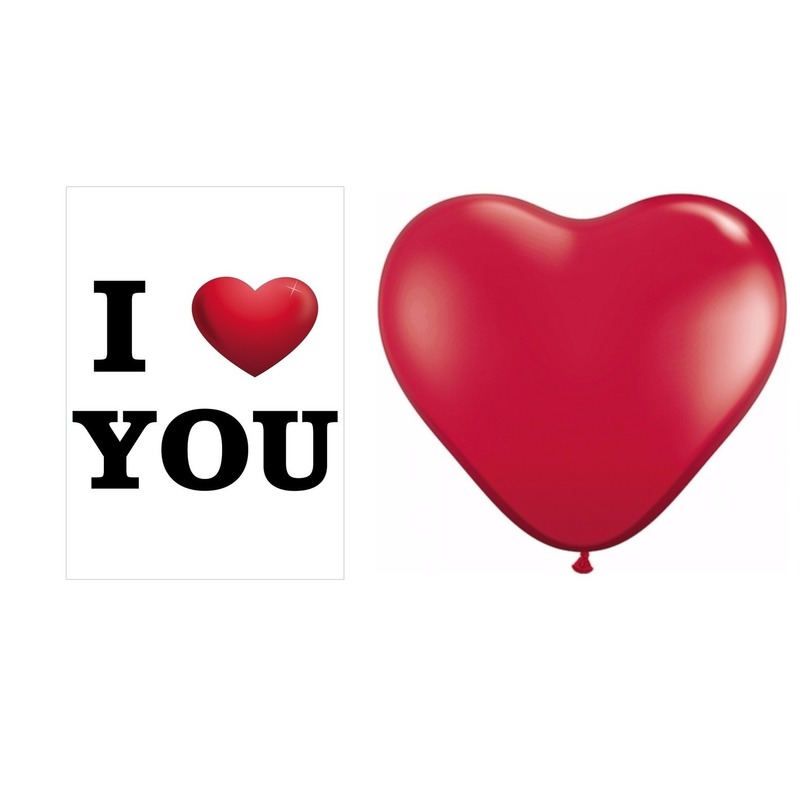 Mega poster I Love You A1 formaat en 25 stuks rode hartjes ballonnen -