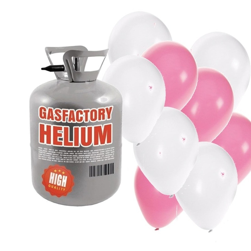 Meisje geboren helium tankje met roze/witte ballonnen 50 stuks