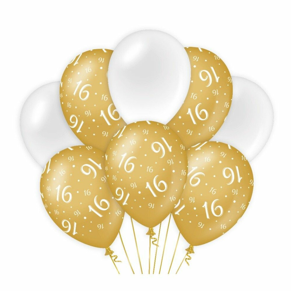 Paperdreams 16 jaar leeftijd thema Ballonnen - 8x - goud/wit - Verjaardag feestartikelen