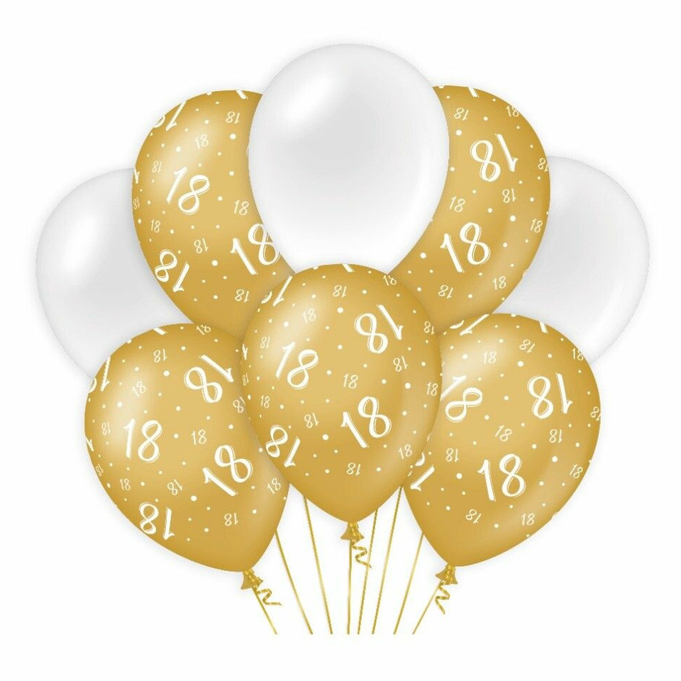 Paperdreams 18 jaar leeftijd thema Ballonnen - 8x - goud/wit - Verjaardag feestartikelen
