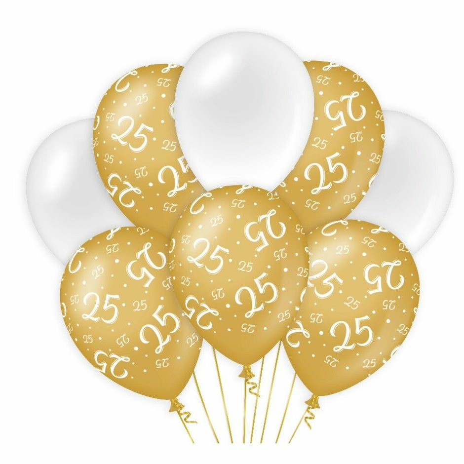 Paperdreams 25 jaar leeftijd thema Ballonnen - 8x - goud/wit - Verjaardag feestartikelen