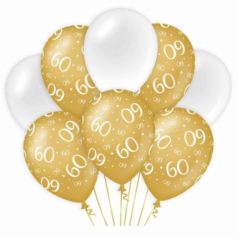 Paperdreams 60 jaar leeftijd thema Ballonnen - 8x - goud/wit - Verjaardag feestartikelen