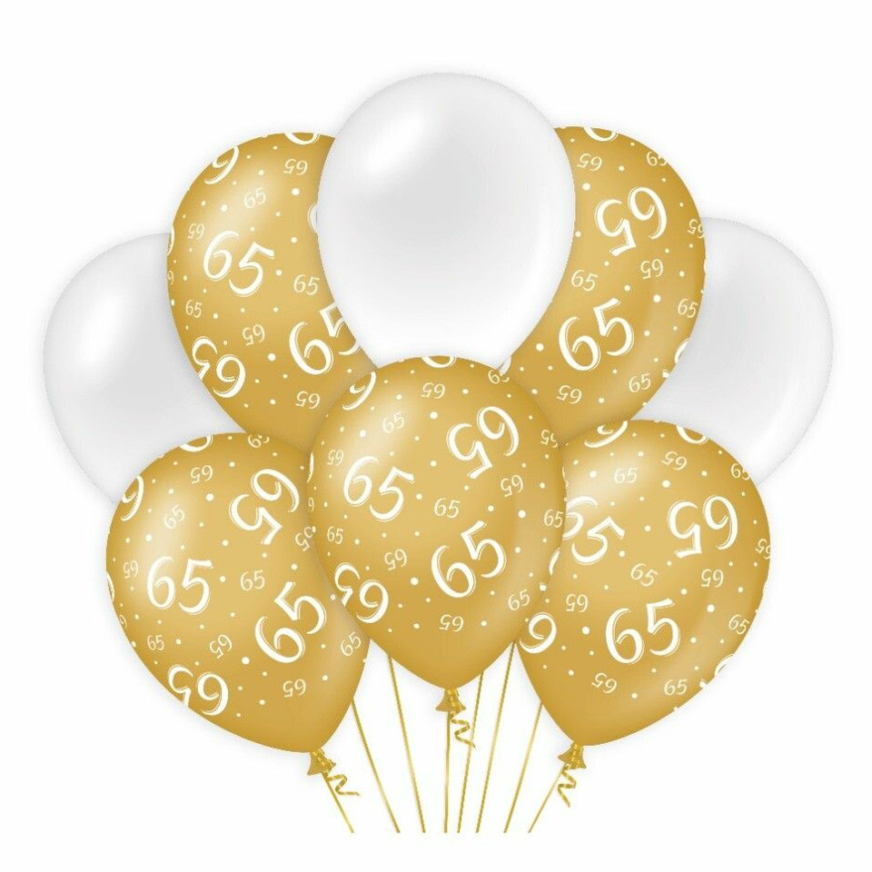 Paperdreams 65 jaar leeftijd thema Ballonnen - 8x - goud/wit - Verjaardag feestartikelen