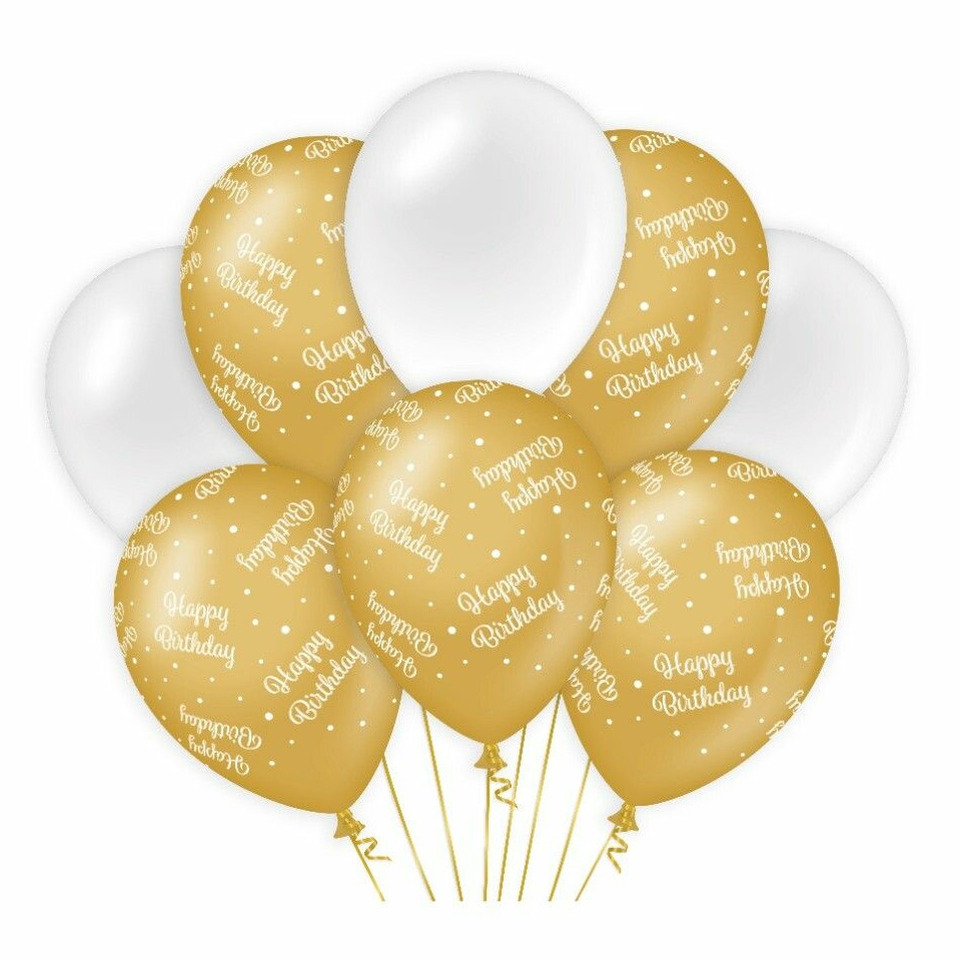 Paperdreams Happy Birthday thema Ballonnen - 8x - goud/wit - Verjaardag feestartikelen