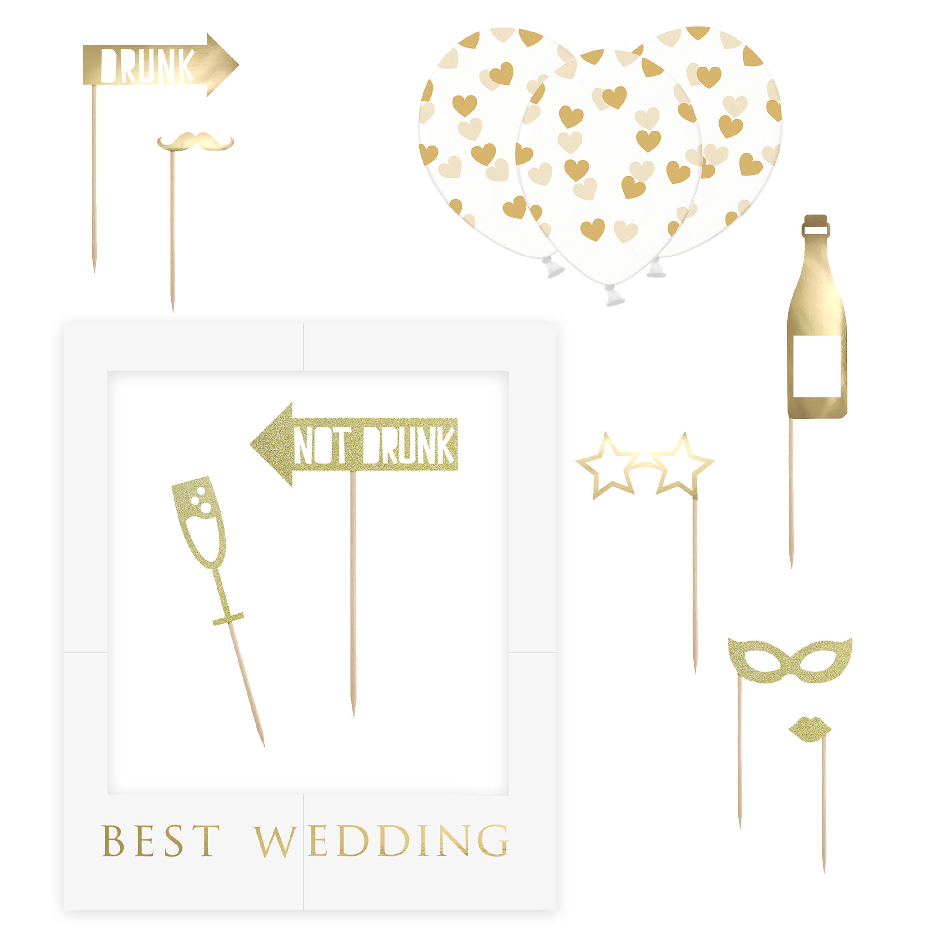 PartyDeco foto prop set Best Wedding - goud/wit - 13-delig - met frame - photobooth - Bruiloft -