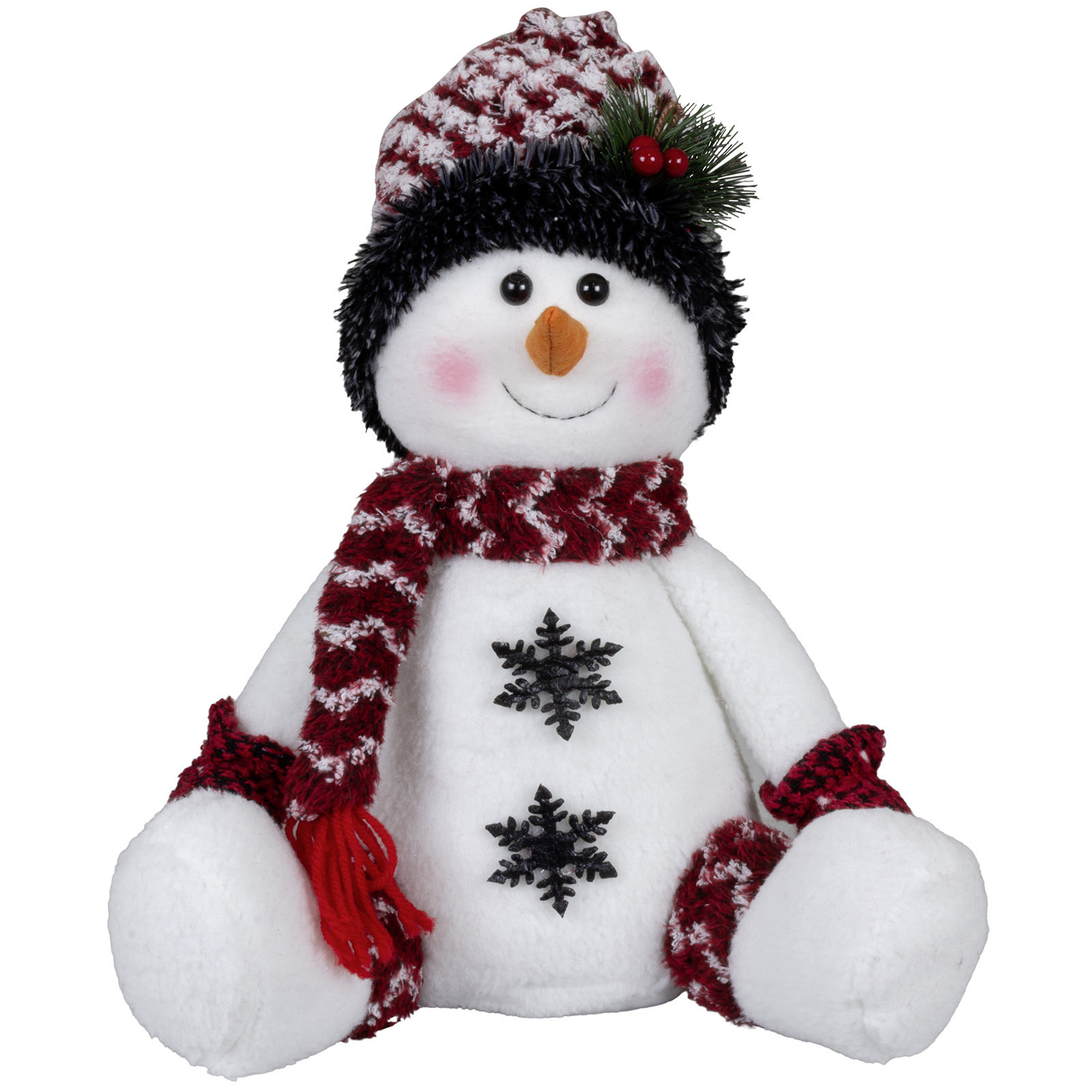 Pluche decoratie sneeuwpop - 36 cm - met witte muts - zittend