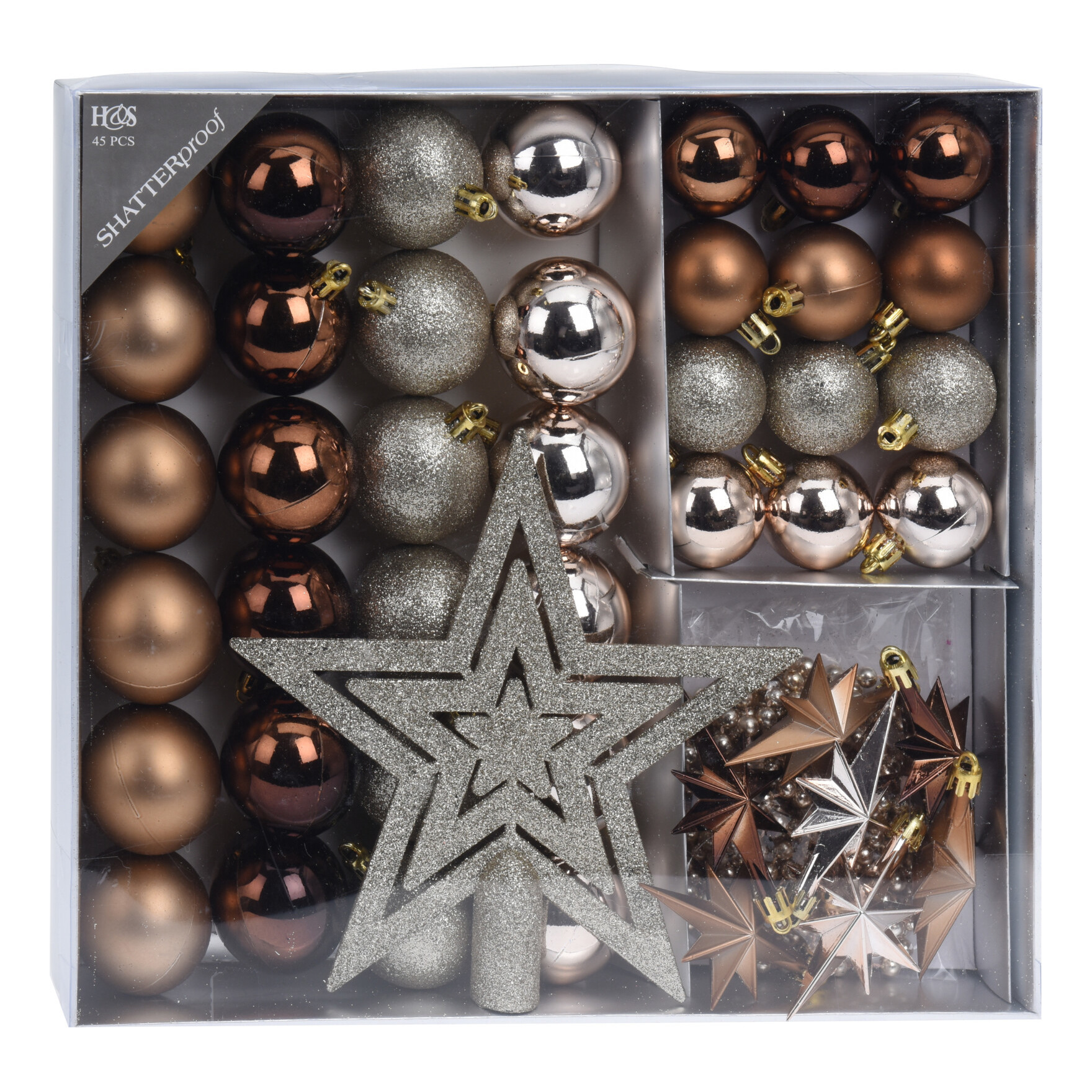 Set 44-delig kunststof kerstboomversiering bruin tinten met kerstballen, slingers en piek -