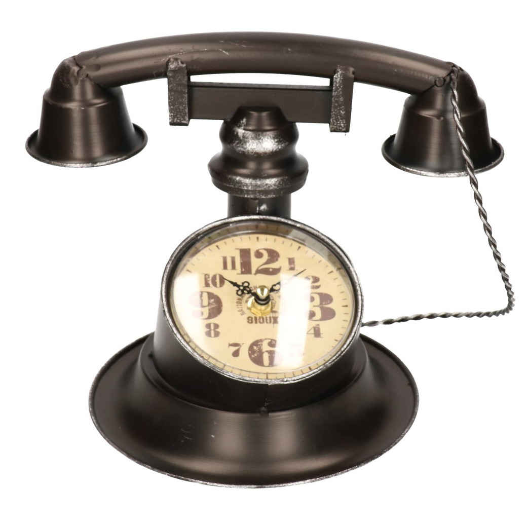 Tafelklok antieke telefoon vorm bruin/zwart metaal 21 cm - Woondecoratie/woonaccessoires - Klokken - Tafelklokken - Metalen staande klokken