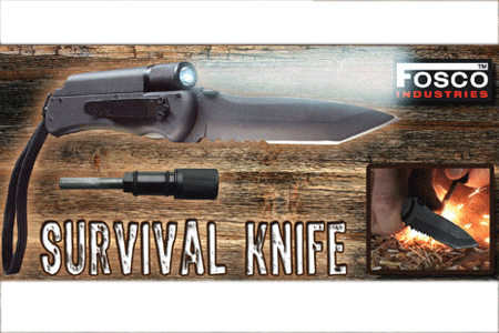  Survival knife with firestarter and flashlight