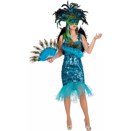 Turquoise pauwveren verkleed jurk 36 -