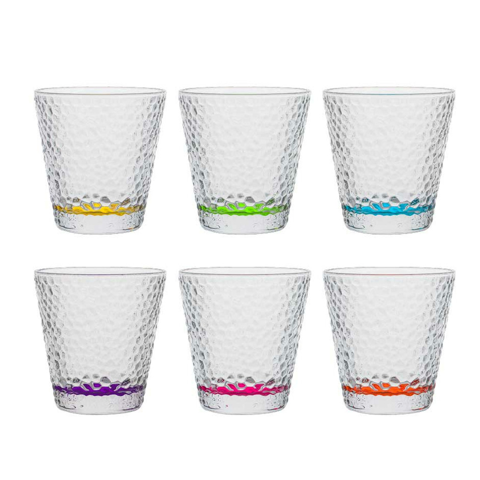 Vivalto Waterglazen/drinkglazen Colorama - 6x - transparant kleurenmix - 310 ml - 9 cm -
