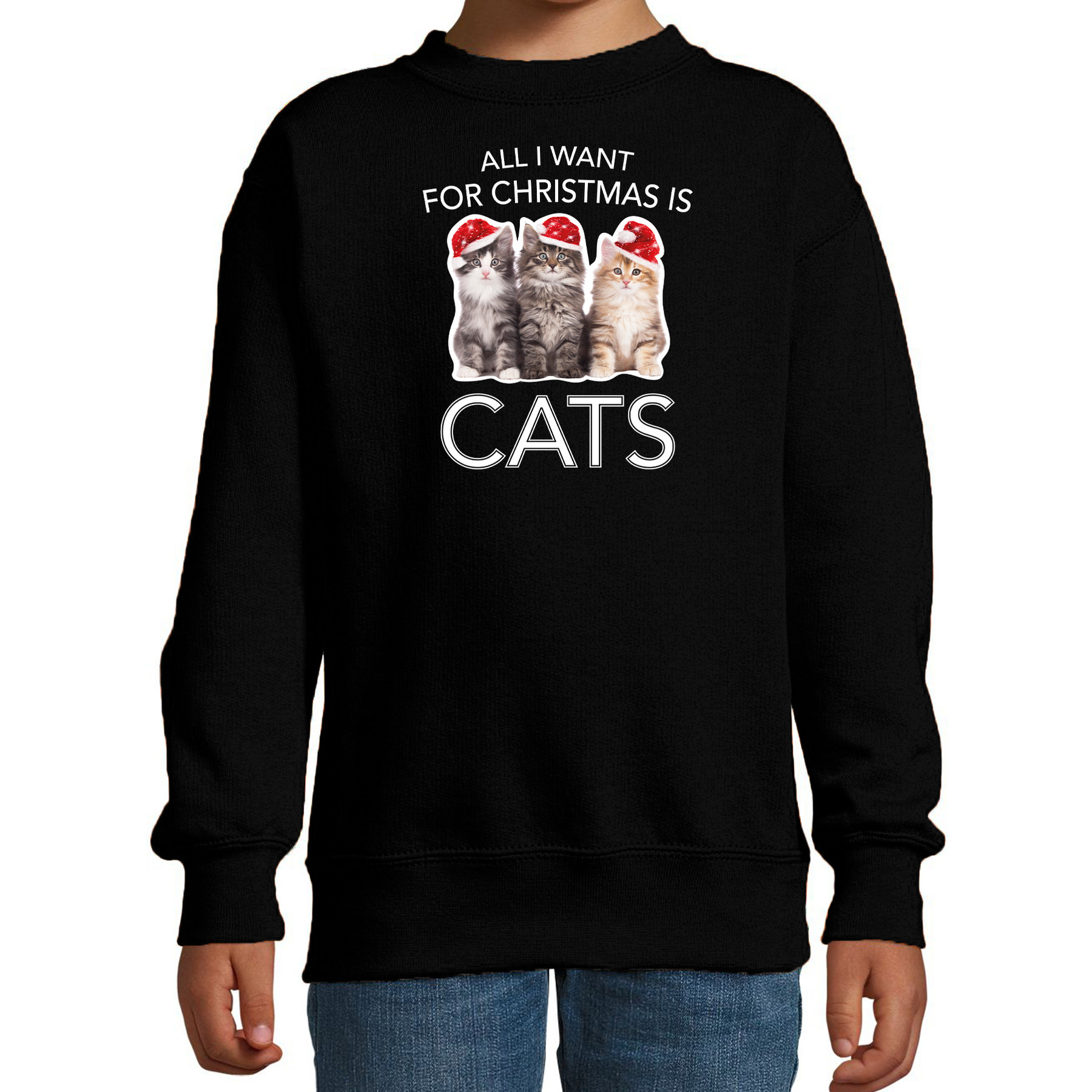 Zwarte Kersttrui - Kerstkleding All I want for christmas is cats voor kinderen 5-6 jaar (110/116) -
