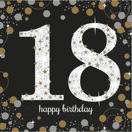16x stuks 18 jaar verjaardag feest servetten zwart met confetti print 33 x 33 cm