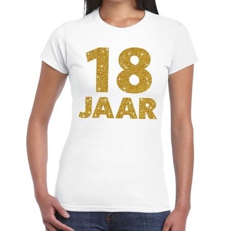 18e verjaardag cadeau t-shirt wit met goud voor dames
