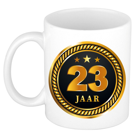 Gold black medal 23 year mug for birthday / anniversary