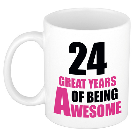 24 great years of being awesome cadeau mok / beker wit  en roze - verjaardagscadeau 24 jaar