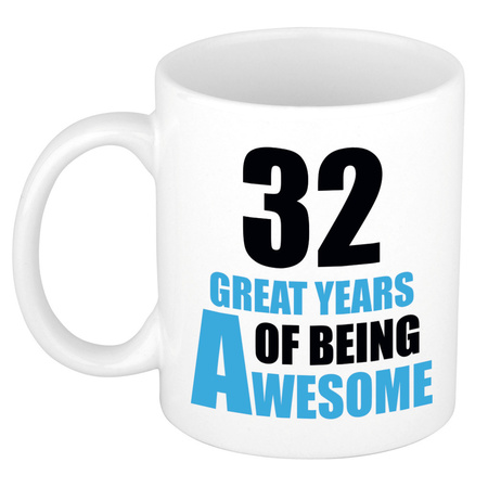 32 great years of being awesome - gift mug white and blue 300 ml