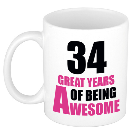 34 great years of being awesome - gift mug white and pink 300 ml