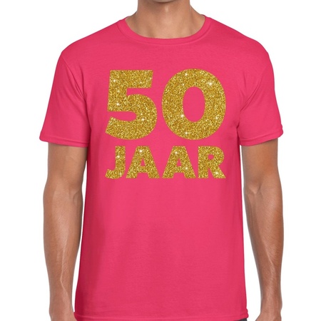 50 Jaar fun jubileum t-shirt roze met goud voor heren