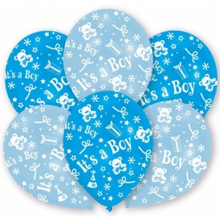 Geboorte versiering jongen - ooievaar geboorte bord - 77 cm hoog - 6x blauwe ballonnen