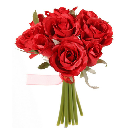 TopArt Boeketje kunstbloemen - rozen - rood - 20 cm - 9x stuks