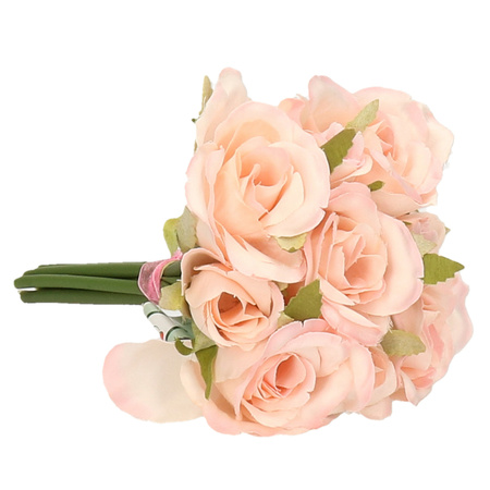 Boeketje kunstbloemen - rozen - roze - 20 cm - 9x stuks