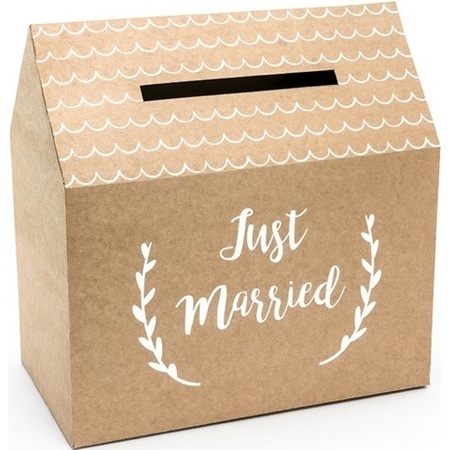 Bruine bruiloft enveloppendoos met witte tekst 30 cm huisje van karton