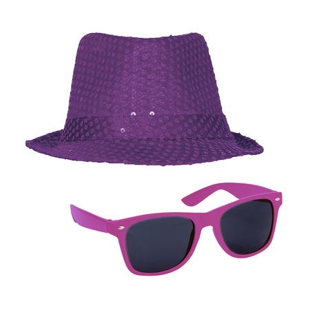 Carnaval verkleed set compleet - hoedje en zonnebril - paars - heren/dames - glimmend