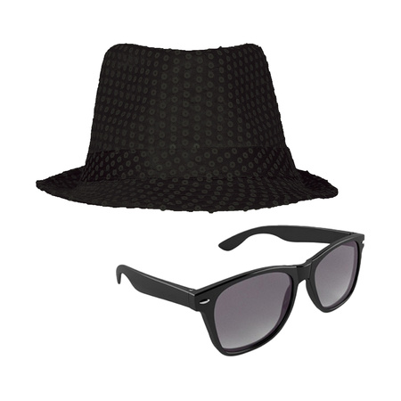 Carnaval verkleed set compleet - hoedje en zonnebril - zwart - heren/dames - glimmend