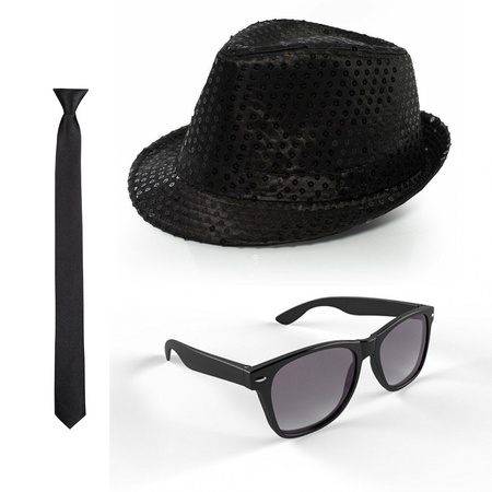 Toppers - Carnaval verkleed set glitter hoed/stropdas/party bril zwart