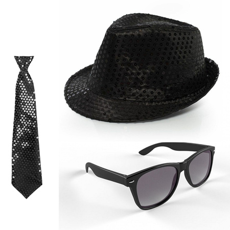 Toppers - Carnaval verkleed set glitter hoed/stropdas/party bril zwart