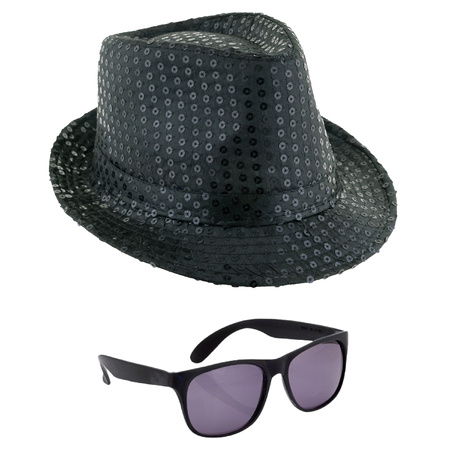 Carnaval verkleed setje - glitter pailletten hoedje en party zonnebril - zwart - volwassenen
