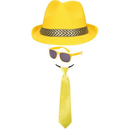 Carnaval verkleedset Men in Yellow - hoed/zonnebril/stropdas - geel - heren/dames - verkleedkleding