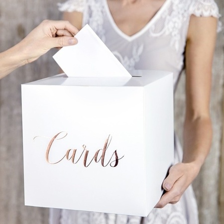 Witte bruiloft enveloppendoos met rosegouden tekst 24 cm karton voor communie