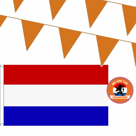 Oranje versiering buiten pakket 1x mega Nederland vlag + 100 meter vlaggetjes