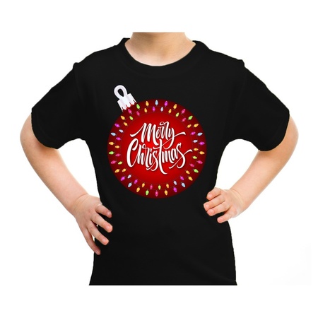 Zwart t-shirt / kerstkleding kerstbal merry christmas voor kinderen