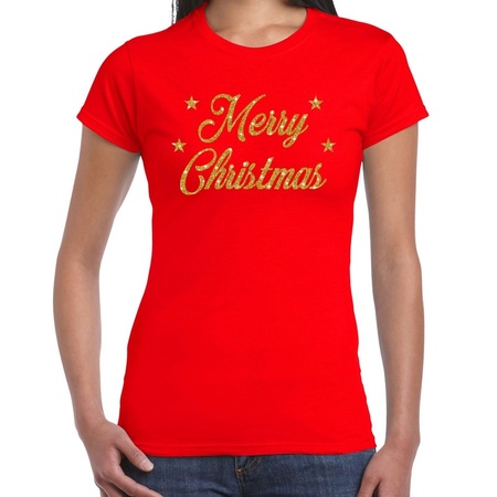 Lodge Gooey replica Foute kerstborrel t-shirt / kerstshirt merry christmas glitter goud op rood  dames | Fun en Feest
