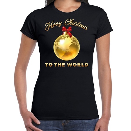 Foute kerstborrel t-shirt / kerstshirt Merry Christmas to the world op zwart dames