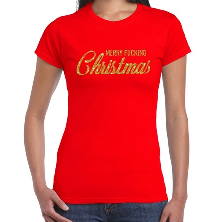 Foute kerstborrel t-shirt / kerstshirt Merry Fucking Christmas glitter goud op rood dames