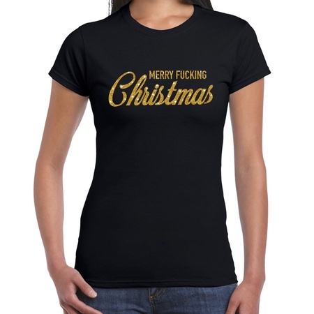 Foute kerstborrel t-shirt / kerstshirt Merry Fucking Christmas glitter goud op zwart dames