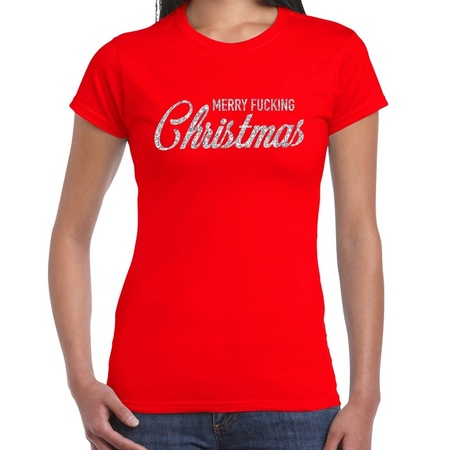 Foute kerstborrel t-shirt / kerstshirt Merry Fucking Christmas glitter zilver op rood dames