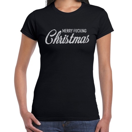 Foute kerstborrel t-shirt / kerstshirt Merry Fucking Christmas glitter zilver op zwart dames