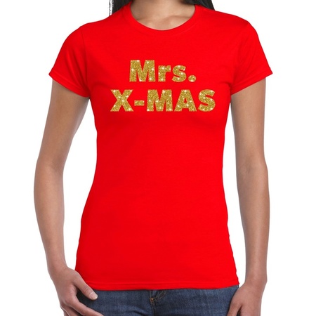 Foute kerstborrel t-shirt / kerstshirt mrs x-mas glitter goud op rood dames
